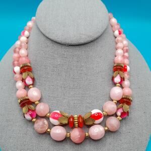Vintage Pink Lucite Bead Necklace, Two Strands, Mid-Century, 17 1/2"